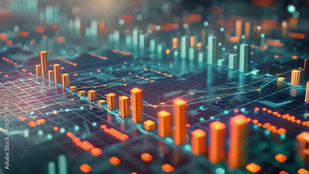 Poster This close-up of a digital data visualization with 3D bars in orange and blue.