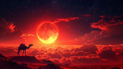 Naklejka premium capture camel in the desert on night with big moon