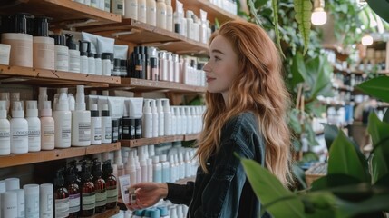 A red-haired Caucasian woman examines skincare products on the shelves in a greenery-filled boutique. salesperson showcasing a range of organic hair care products