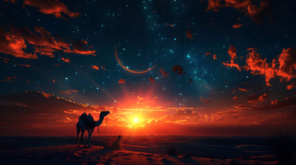 Obraz premium capture camel in the desert on night with big moon