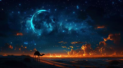 Naklejka premium capture camel in the desert on night with big moon
