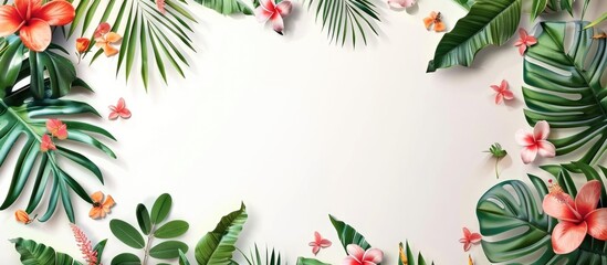 Fototapeta premium Summer arrangement of tropical elements on a white background with a modern presentation style.