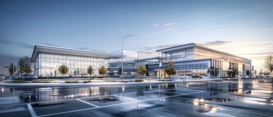 A view of a corporate office building, with a large parking lot