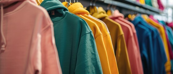 Obraz premium Multicolored youth sweaters and hoodies on hangers in a store clothing concept