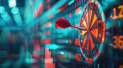 the dart is stuck on the target with stock market background, make a plan to reach your goals and success in terms of financial freedom and doing business