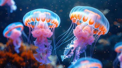 Fototapeta premium illustration colony jellyfish in the beautiful deep sea