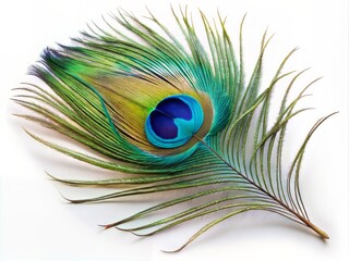 Obraz premium Isolated delicate peacock feather with intricate iridescent blues and greens lying flat on a pure white background with soft focus and subtle shadows.