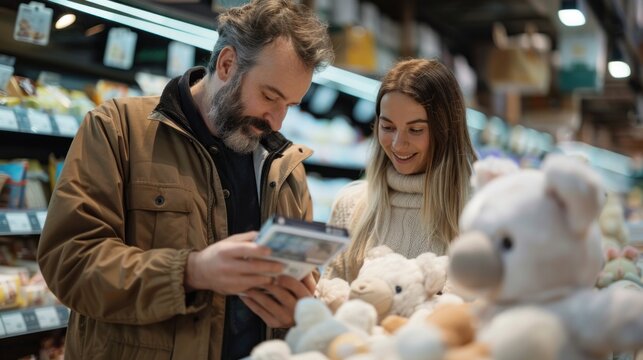 A Caucasian man and woman browse through plush toys in a store, smiling and engaged in selecting a toy.
