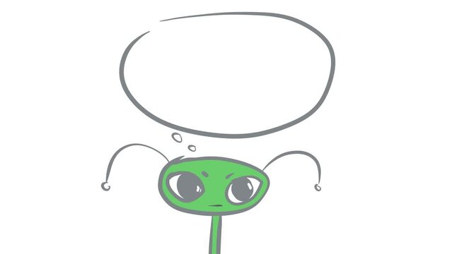 A cute cartoon character in the form of an alien head is actively thinking or reasoning about something. There is a thought cloud or dialogue bubble hanging on top for inserting text.