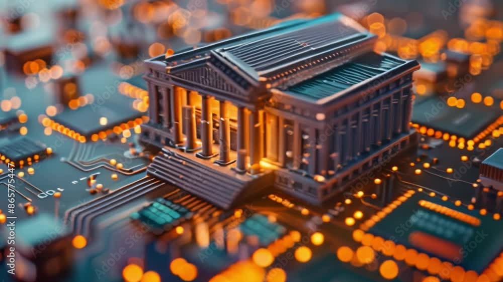 Poster this small bank building model sits atop a circuit board with illuminated leds.