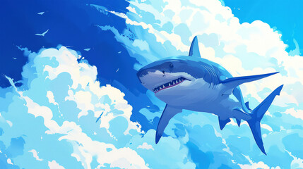 Obraz premium illustration shark swimming in the sky on background nebula