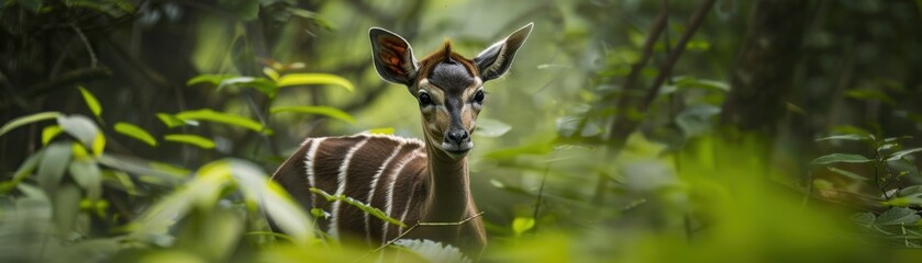 Obraz premium A beautiful antelope stands amidst lush green foliage in a dense forest, showcasing the serenity and beauty of wildlife in nature.