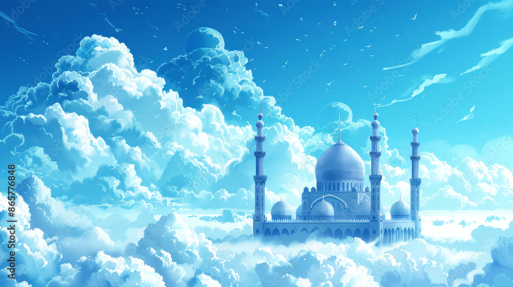 Wall mural illustration mosque on the cloud in the blue sky