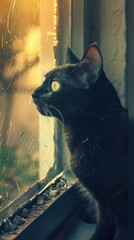 A black cat gazing out a window at sunset, with warm, golden light creating a serene and contemplative atmosphere.