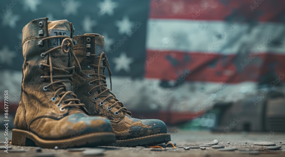 Poster Two dirty brown boots are standing in front of an American flag, 4th July Independence Day USA concept