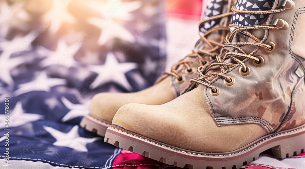 Wall mural A pair of camouflage boots are on top of a red, white and blue American flag, 4th July Independence Day USA concept