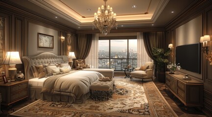 Modern bedroom with interior design. Interior Mockups design, cozy bedding, plants, minimalist design, neutral colors, wall art