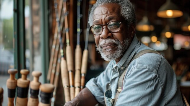 Elderly African American man in a denim shirt, examining wooden fishing rods in a store. an African American fishing supply store clerk organizing a display of fishing rods
