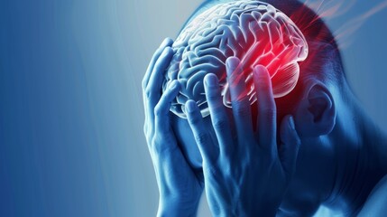A person with their head in their hands, highlighting a painful brain with a red area.