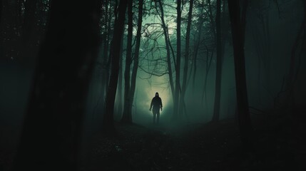 A solitary figure walks through a dense, fog-filled forest. The silhouette of the person is barely visible against the dark trees and misty air.