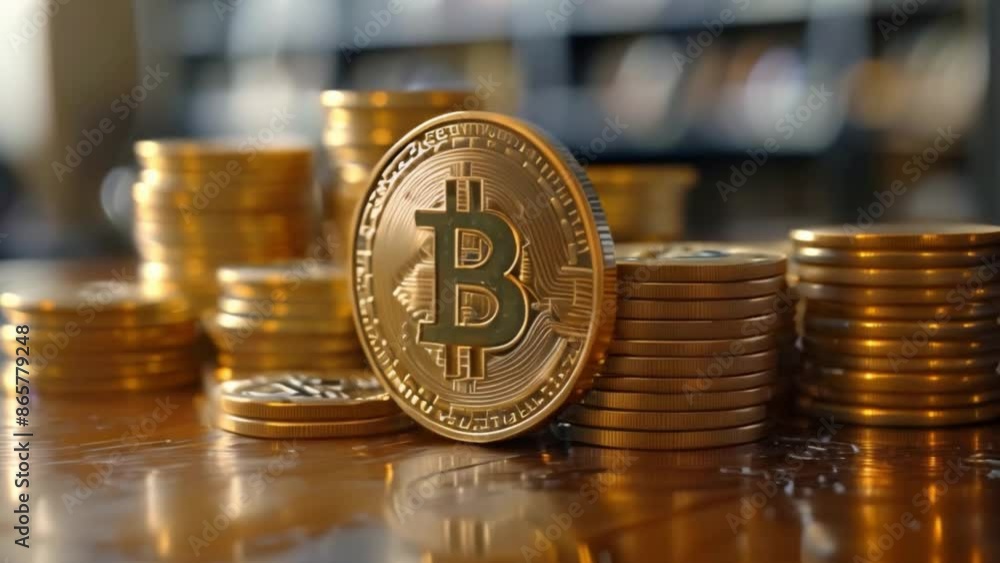 Leinwandbilder this close-up of a single bitcoin coin resting on a stack of other bitcoin coins.