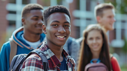 Obraz premium Energetic Group of Culturally Diverse Students on University Steps, Soft Background Blur Representing Social Bonding and Growth