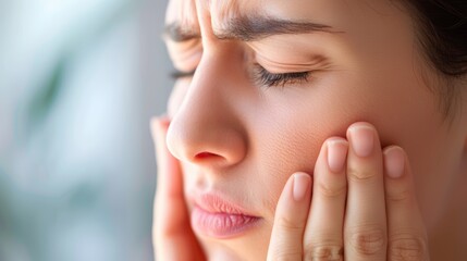 A woman experiencing pain, holding her face with both hands, eyes closed in discomfort.