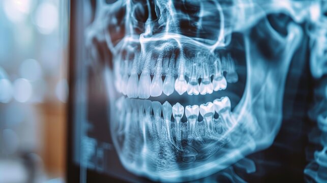 Close-up of a human skull x-ray, highlighting the teeth and jawbone.