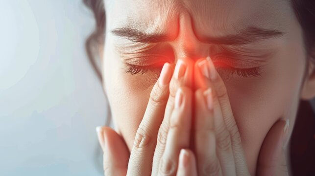 Close-up of a woman's face, eyes closed, holding her nose, showing pain and discomfort.