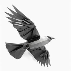 Abstract low poly black and white flying bird on a white background