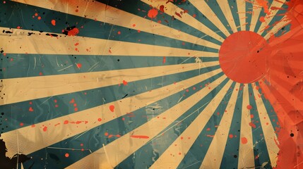 Grunge sunburst background with red circle and blue and yellow stripes.