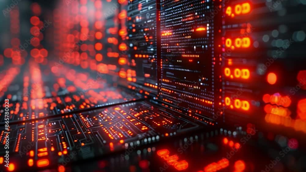 Poster This Red glowing server racks with digital code in a data center.