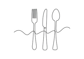 Continuous single line drawing of kitchen utensils cutlery. Isolated on white background vector illustration 