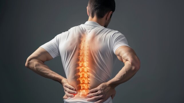 Man experiencing lower back pain with highlighted spine.