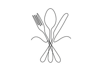 Continuous single line drawing of kitchen utensils cutlery. Isolated on white background vector illustration 