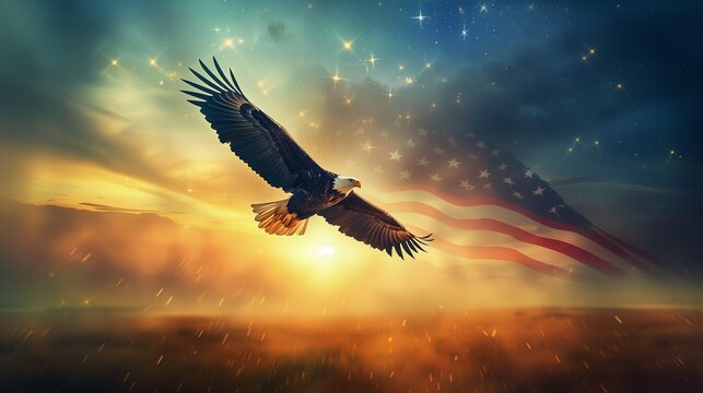 bald eagle flying over american flag, golden light background, sparkles, ultra realistic photography