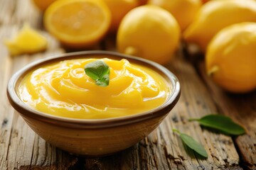 Delicious lemon curd in bowl on wooden table  closeup