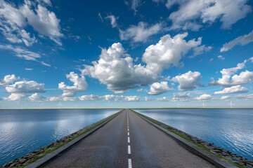 The Majestic Panorama of the IJsselmeer Dam under a Vast Blue Sky
