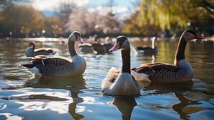 Obraz premium Ducks and geese waddle in the pond, AI Generative.