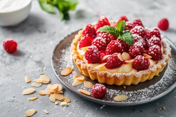 Summer berry tartlet with vanilla custard and almond flakes.