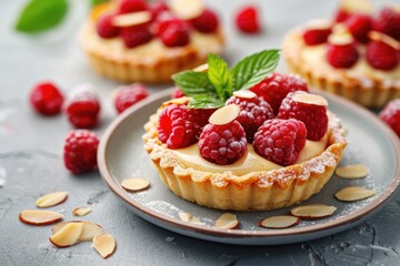 Summer berry tartlet with vanilla custard and almond flakes.