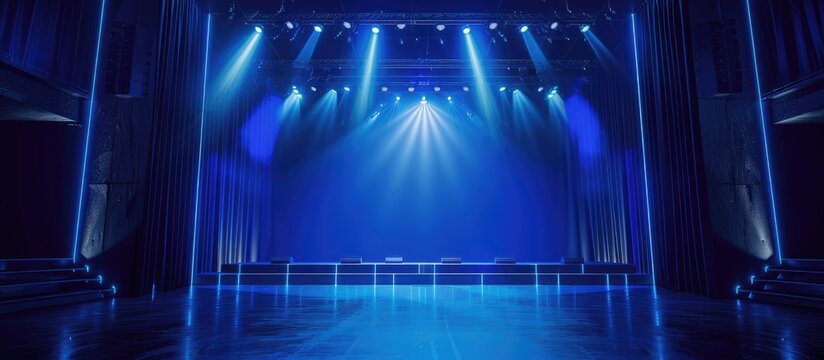 Concept of virtual event entertainment. Setting for digital concert. Illuminated blue stage. Vacant stage under blue lights. Streaming live concert during pandemic.