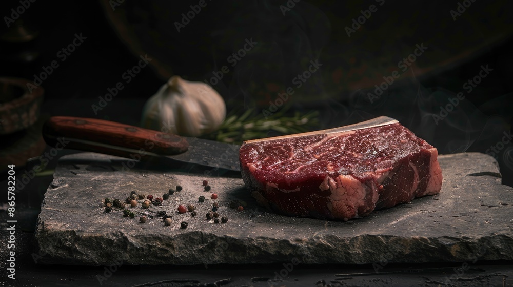 Canvas Prints steak and cleaver on stone in low light