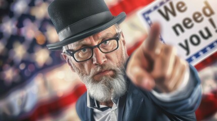 A man in a black hat pointing to a sign that says We need you