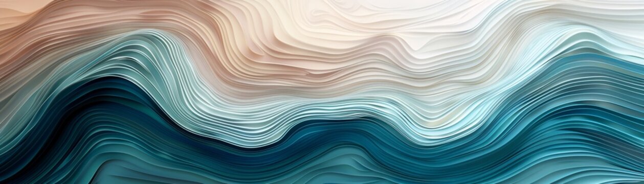 Abstract digital art with wavy lines in blue, white, and brown shades. Swirls and waves in a layered style, creating a sense of depth and movement.