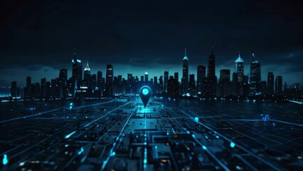 A dark city is shown from a high angle with a blue glowing circuit board in the foreground and a blue glowing pin in the center of the video - Powered by Adobe