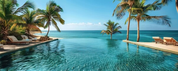 Luxurious beach resort with palm trees and infinity pool, relaxation, tropical paradise