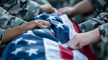Two people are touching a flag with stars on it, 4th July Independence Day USA concept