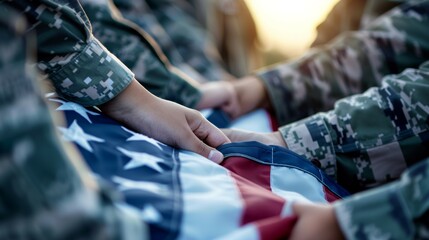 A group of soldiers are holding hands around a flag, 4th July Independence Day USA concept