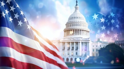 A large American flag is flying in front of the United States Capitol building, 4th July Independence Day USA concept